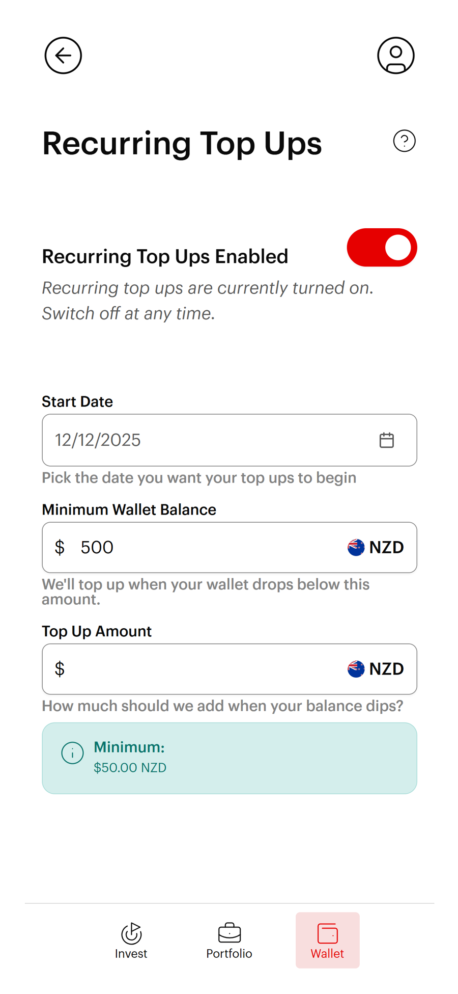 Choose top up amount