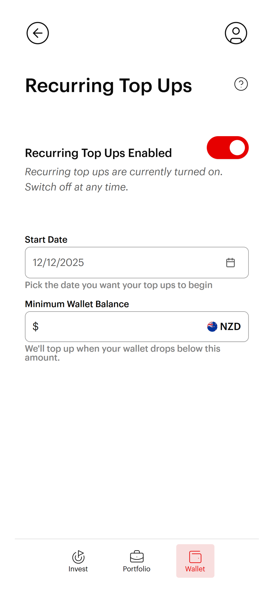Set minimum wallet balance