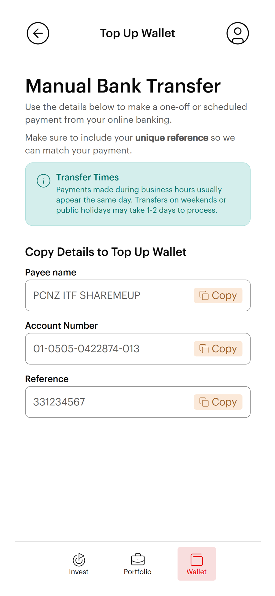 Manual bank transfer